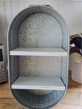 Galvanized Metal Oval Tub with Wooden Shelves and Handles Kitchen or Bathroom